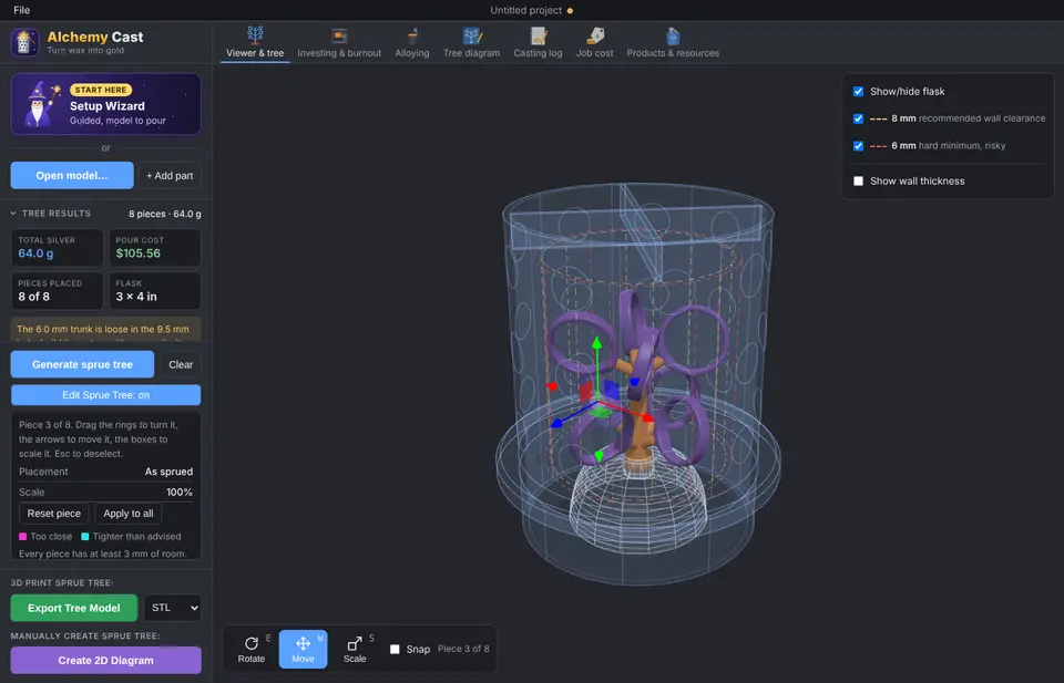 A custom sprue tree with move, rotate and scale tools and clearance zones around the flask