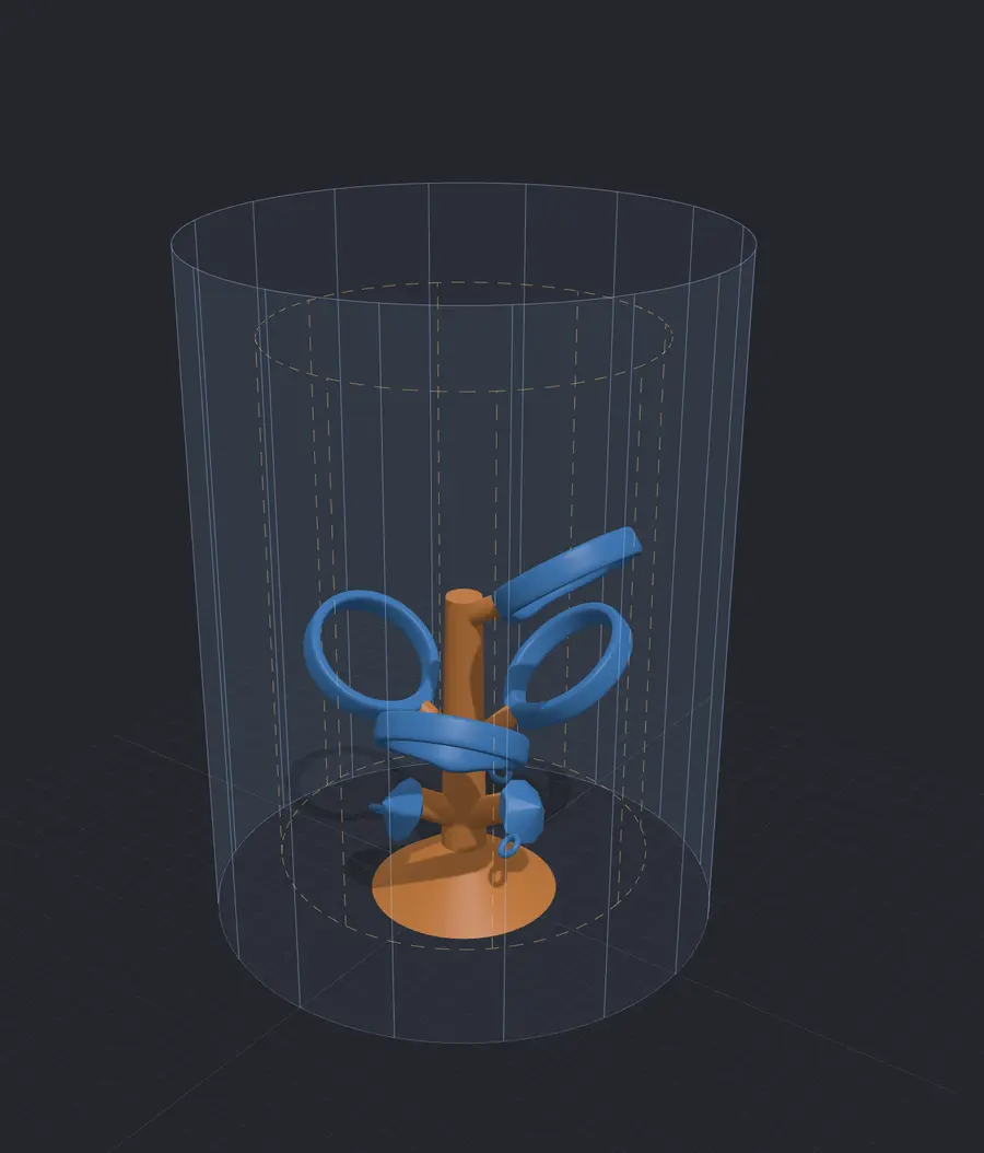A sprue tree of rings and pendants on a trunk, inside a flask, in the Alchemy Cast 3D viewer