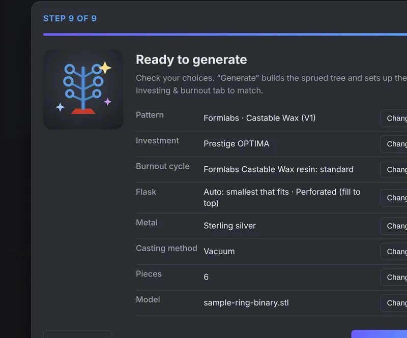 The last step of the Setup Wizard, listing pattern, investment, burnout cycle, flask, metal, casting method, pieces and model
